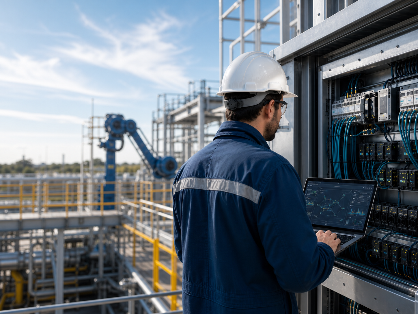 Field network technician using a laptop while inspecting an industrial controls cabinet