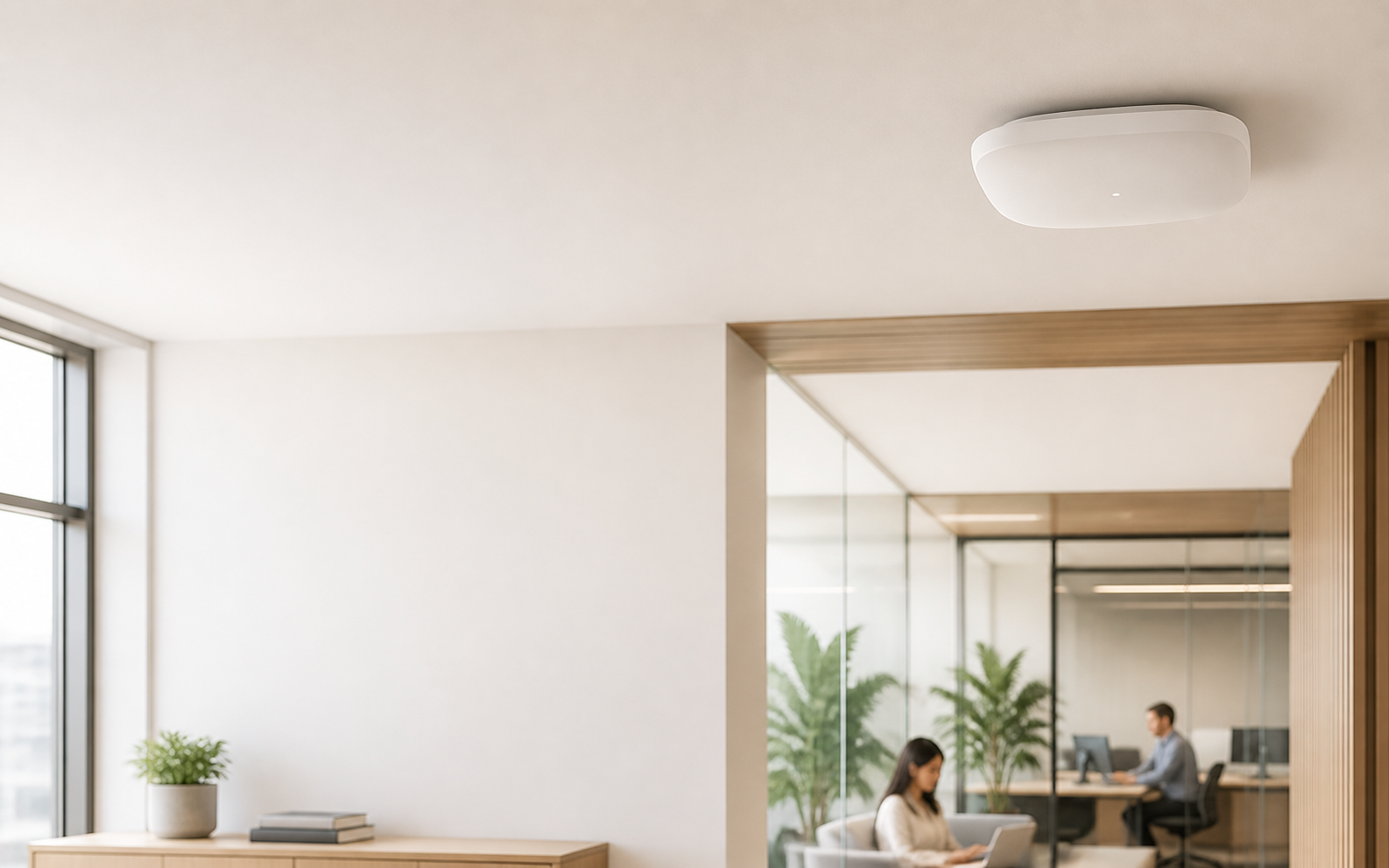 Ceiling-mounted wireless access point in a modern office