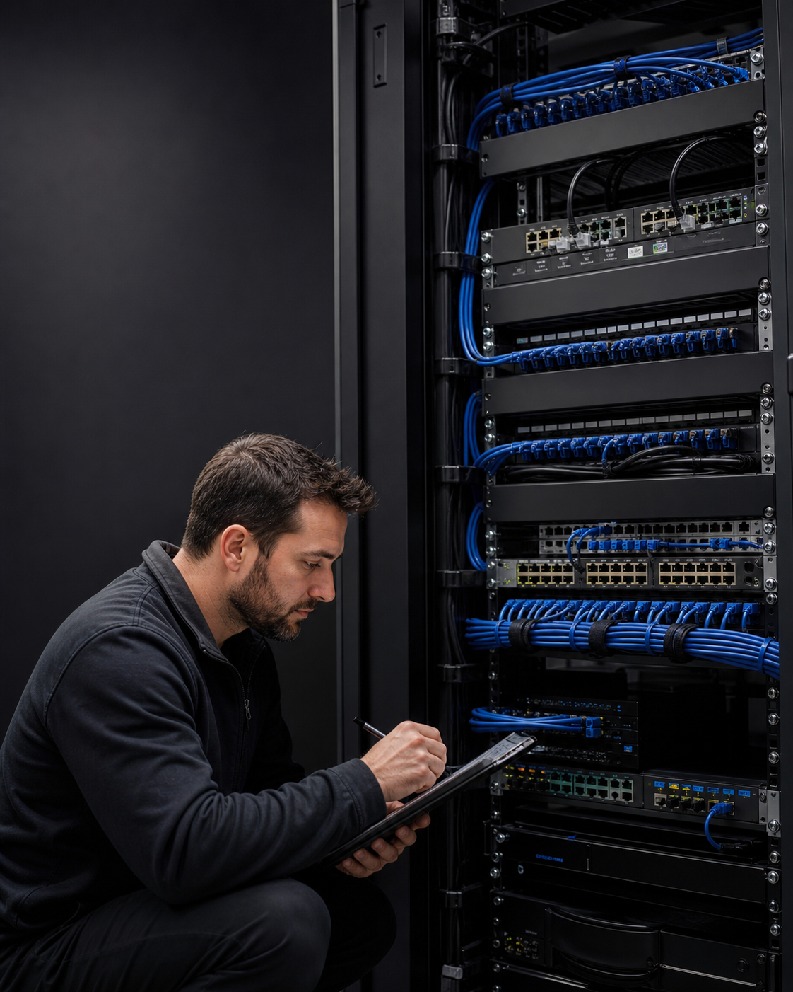 Technician documenting a clean network rack